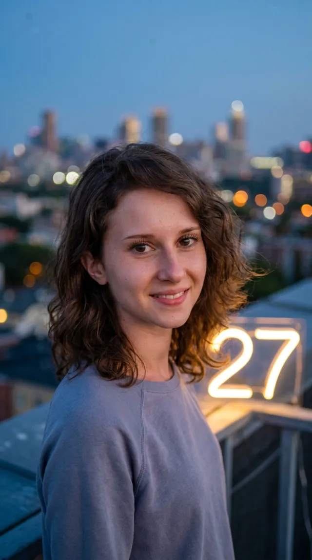 Birthday Cards AI 'Neon Rooftop' style — before and after example