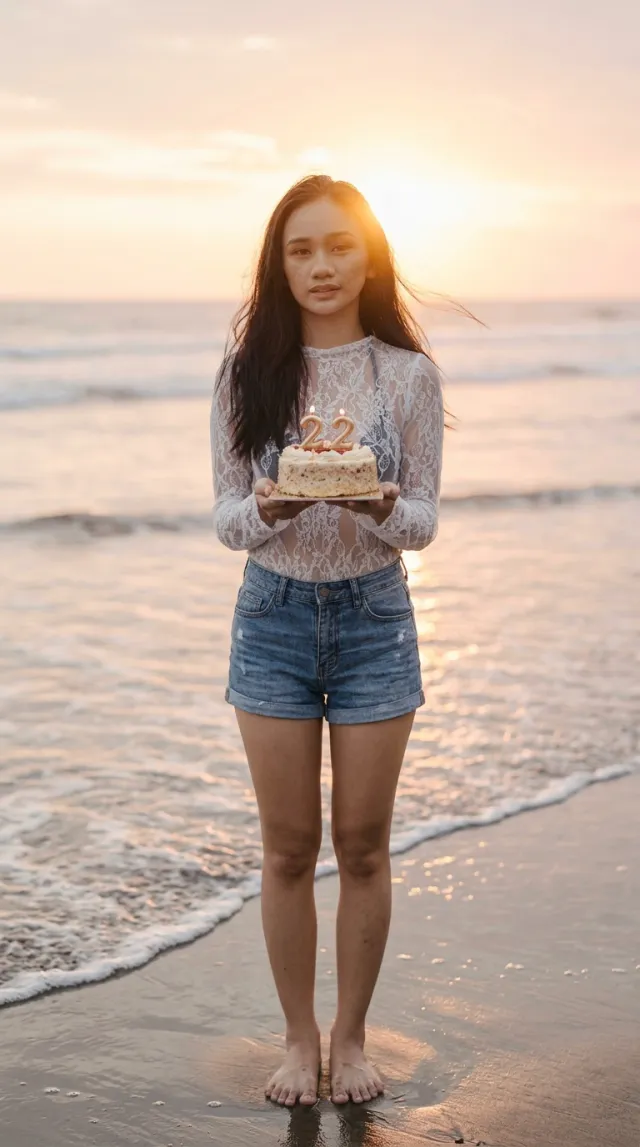Birthday Cards AI 'Beach Sunset Cake' style — before and after example