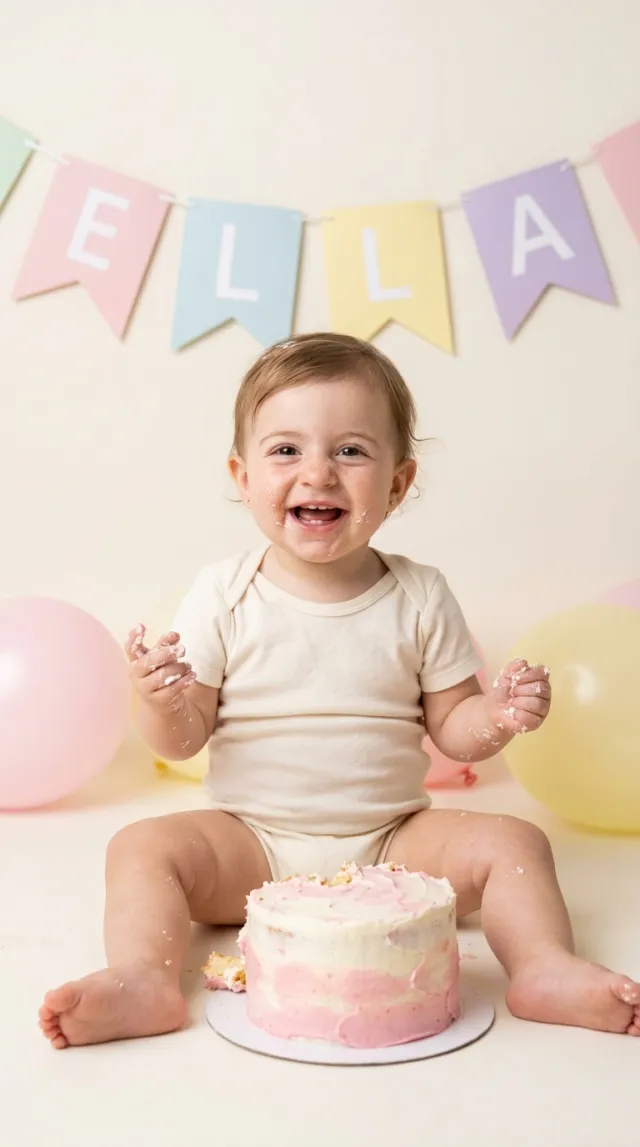Birthday Cards AI 'Cake Smash Studio' style — before and after example