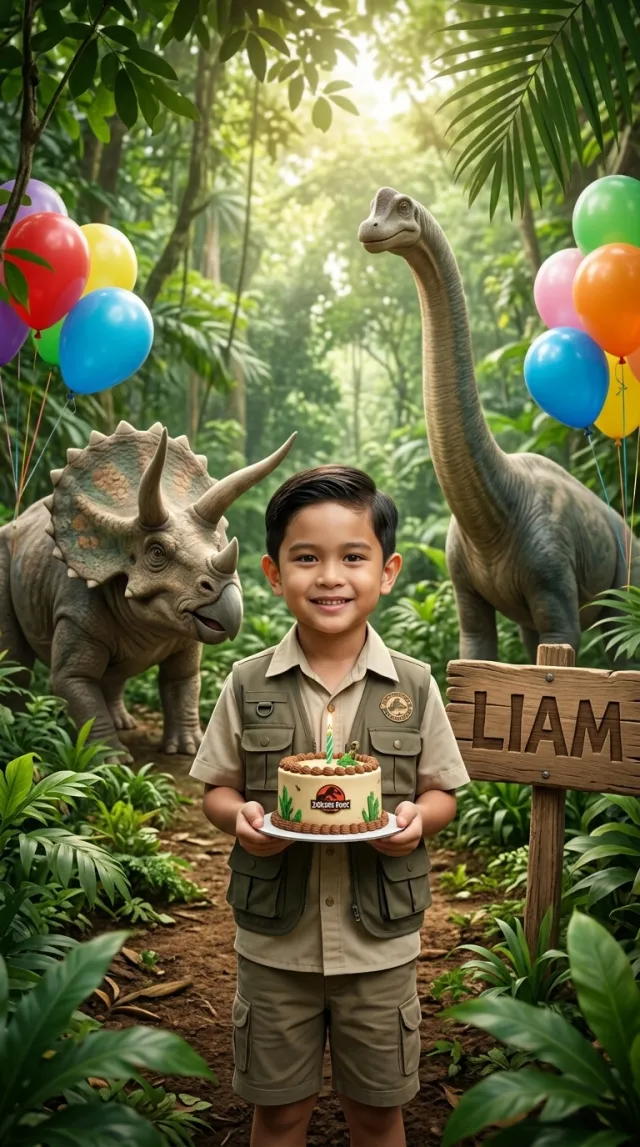 Birthday Cards AI 'Dinosaur Adventure' style — before and after example