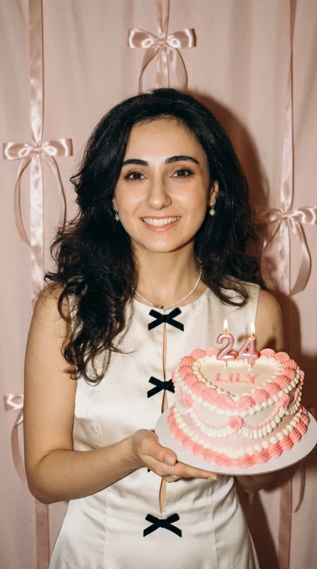 Birthday Cards AI 'Coquette Ribbon Cake' style — before and after example