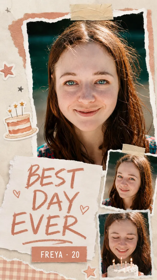 Birthday Cards AI 'Scrapbook Headline' style — before and after example